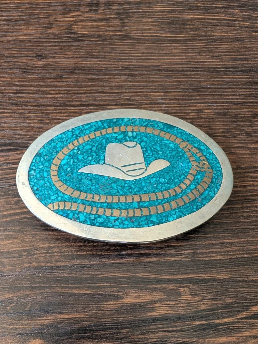 Vintage Mexico Alpaca Silver Belt Buckle Crushed Turquoise Inlay Western Cowboy